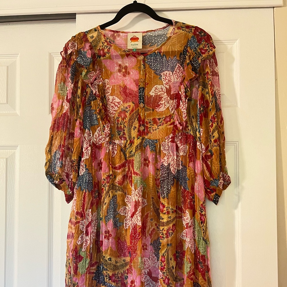 FARM Rio NWOT midi sheer metallic thread work dress size S